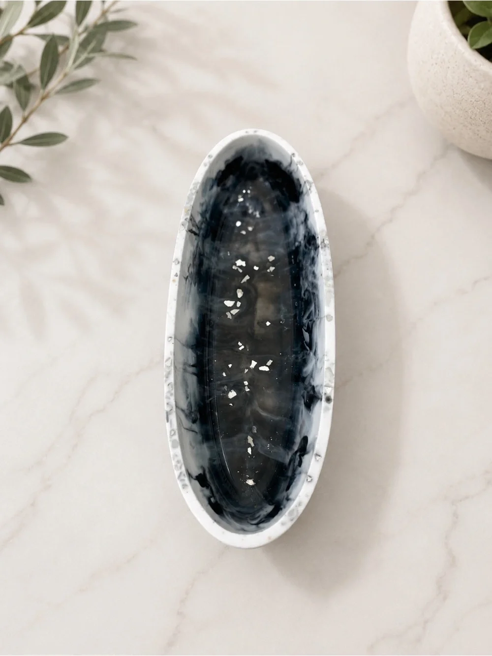 Black Marbled Oval Ceramic Soap Dish - Home Bath Vanity Tray